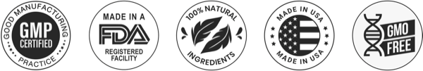 UltraK9 Pro quality badges: GMP certified, made in an FDA-registered facility, 100% natural ingredients, made in USA, GMO free