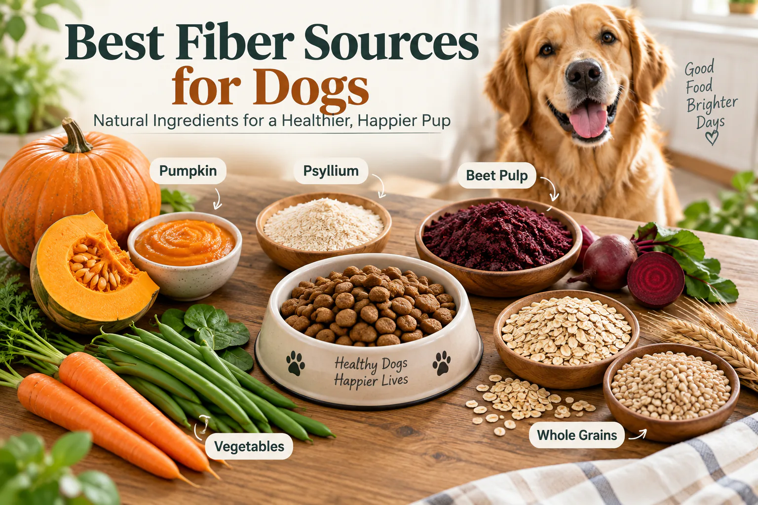Fiber sources for dogs including pumpkin, psyllium, beet pulp, vegetables and whole grains