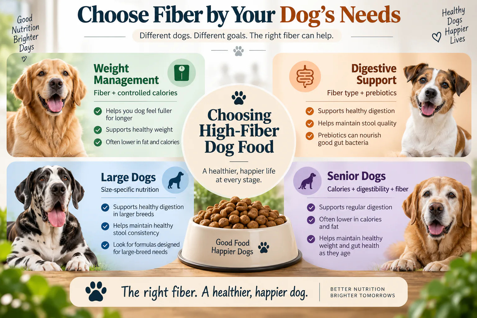 How to choose high-fiber dog food for weight management, digestion, large breeds and senior dogs