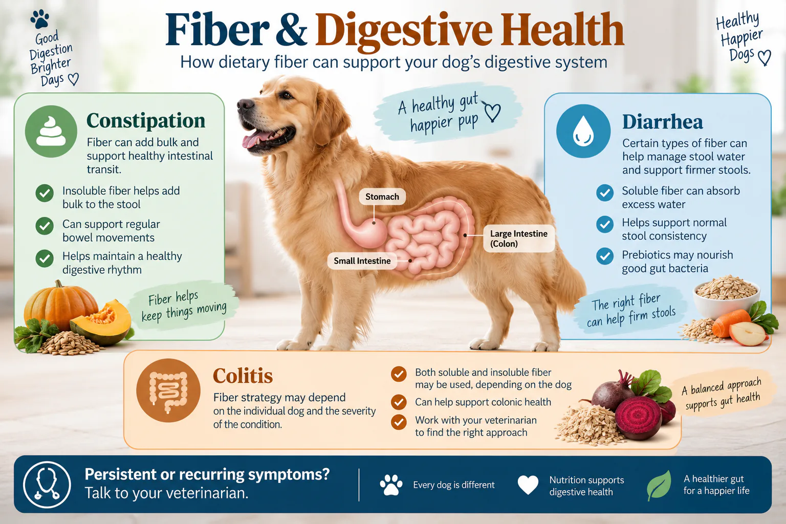 Illustration showing how dietary fiber relates to constipation, diarrhea and colitis in dogs