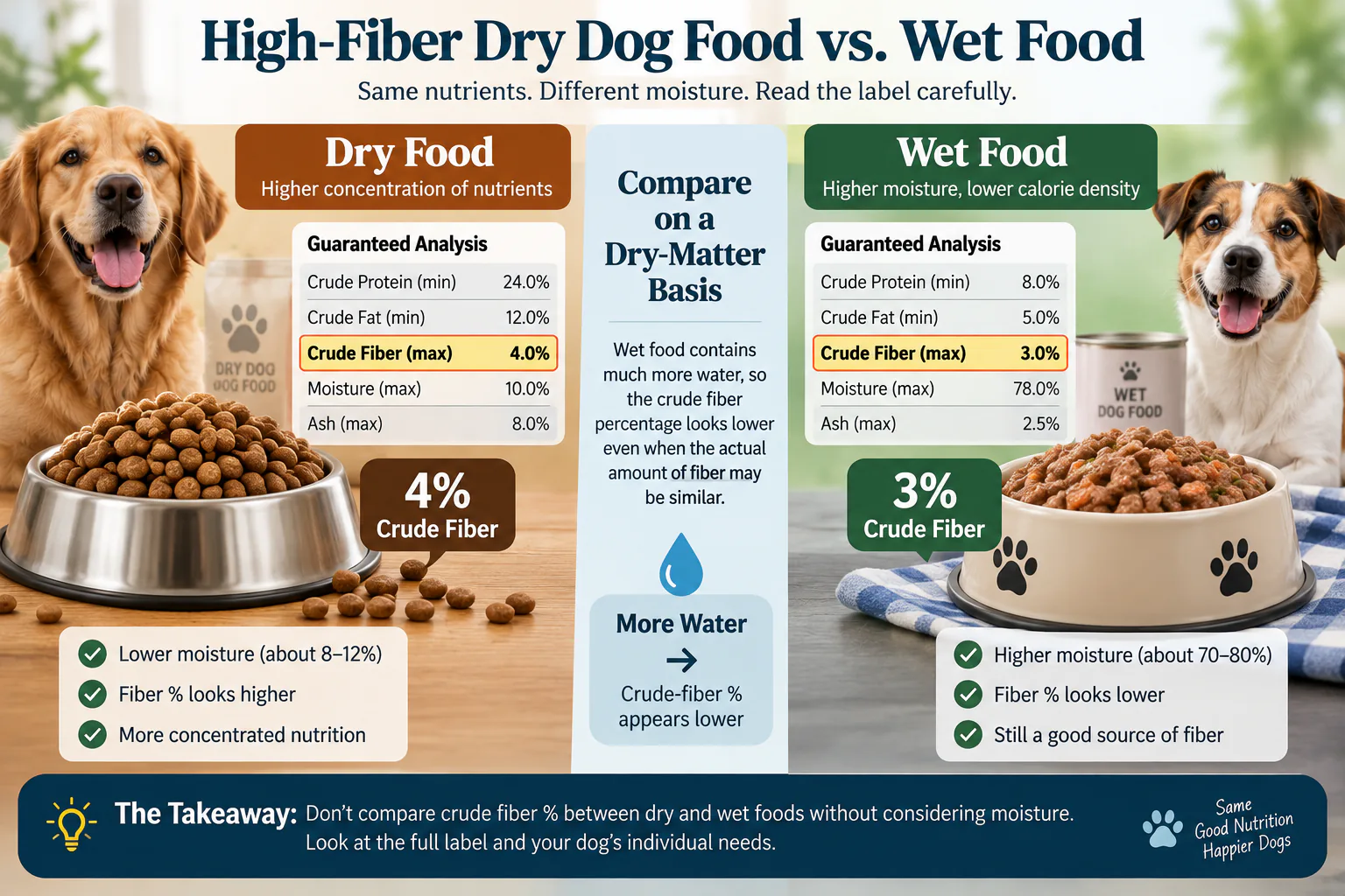 Comparison of high-fiber dry dog food and wet dog food showing the effect of moisture on fiber percentage