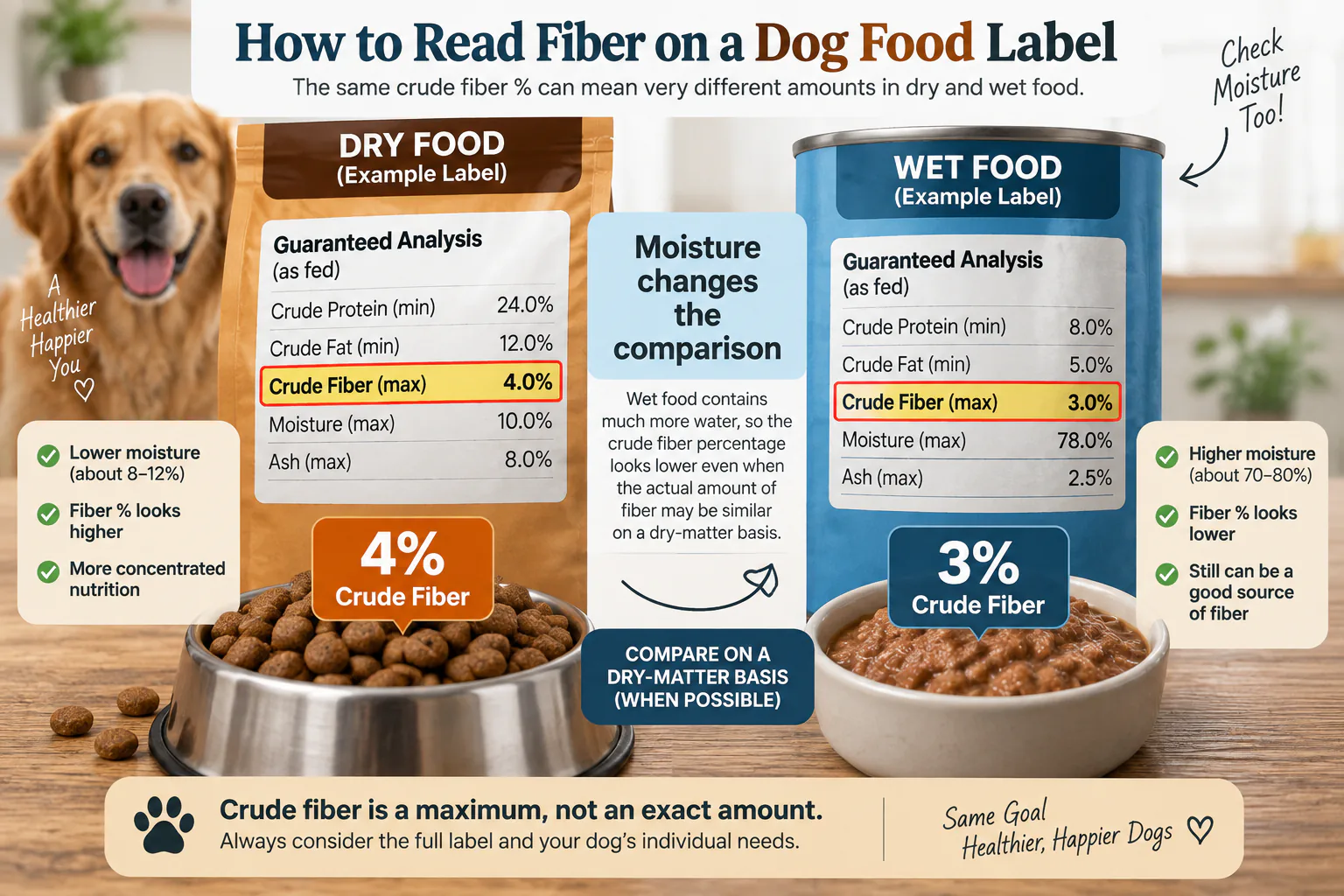 Dog food label showing crude fiber and moisture information