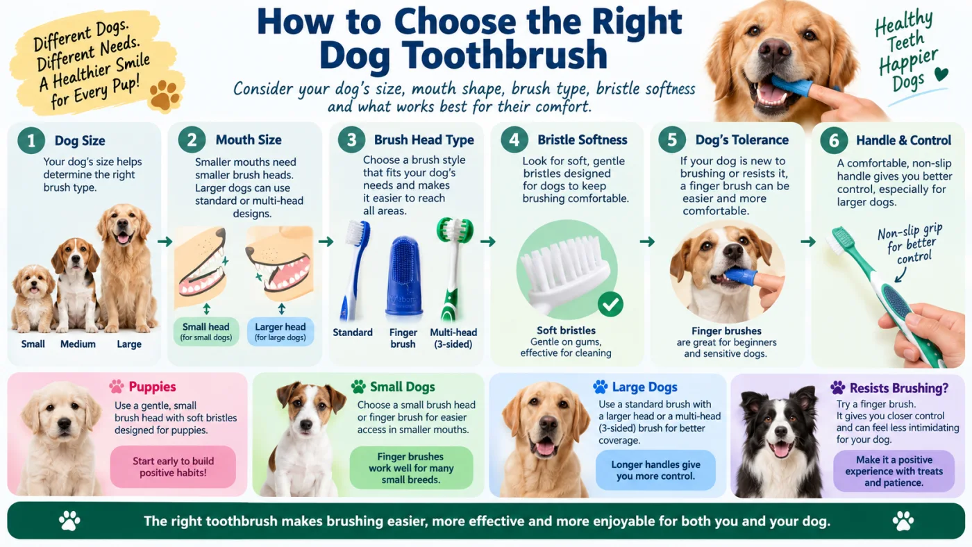 How to choose the right dog toothbrush by dog size, mouth shape, brush type, bristle softness, tolerance and handle control