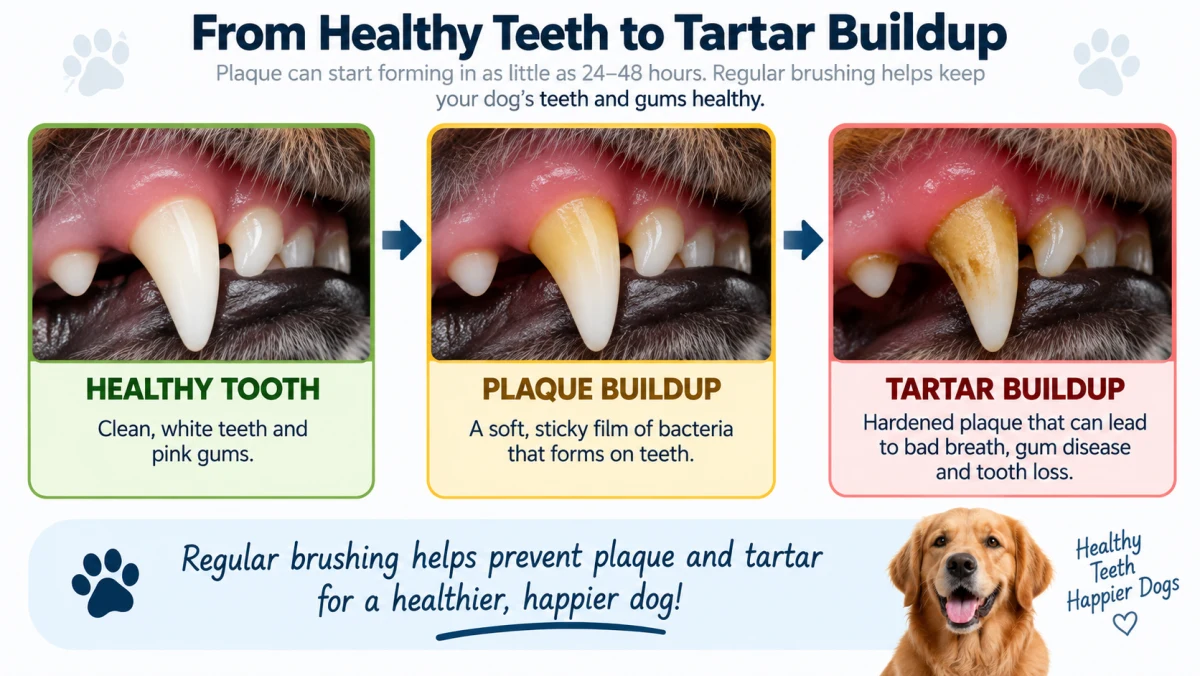 Illustration showing plaque and tartar buildup on a dog's teeth