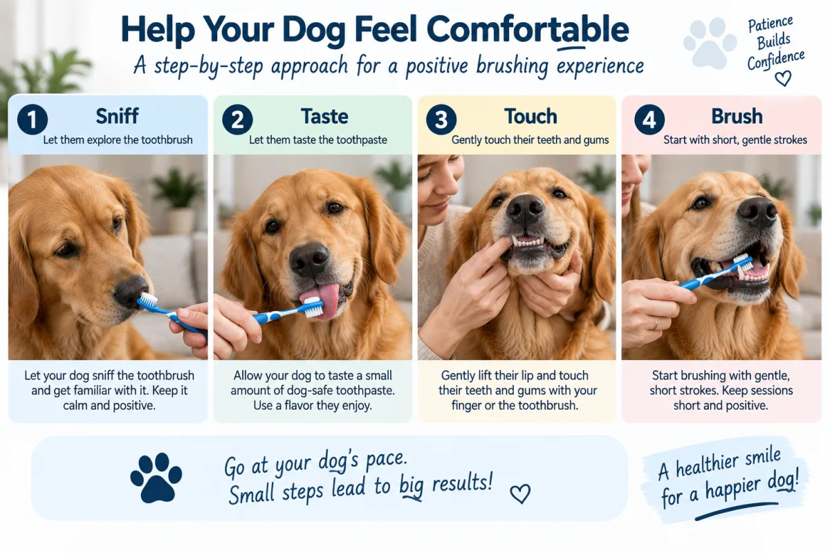 Dog gradually getting used to a toothbrush