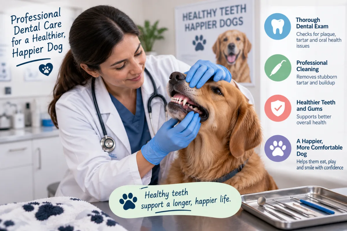 Veterinarian examining a dog's teeth during a dental checkup