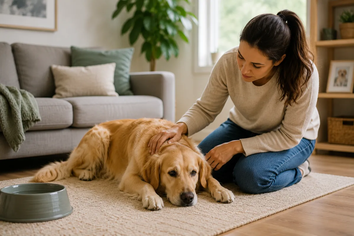 Dog owner gently resting a hand on a subdued golden retriever lying on a living room rug