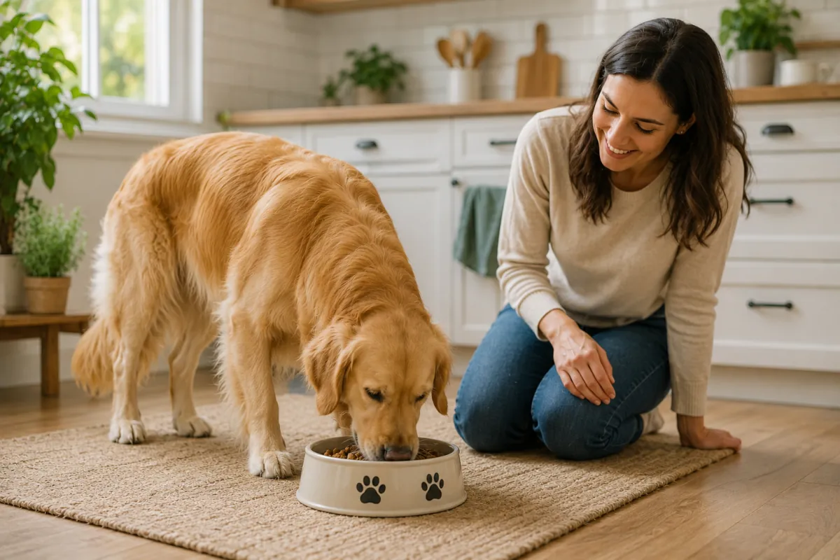 Golden retriever eating from a bowl in a kitchen while its owner watches nearby