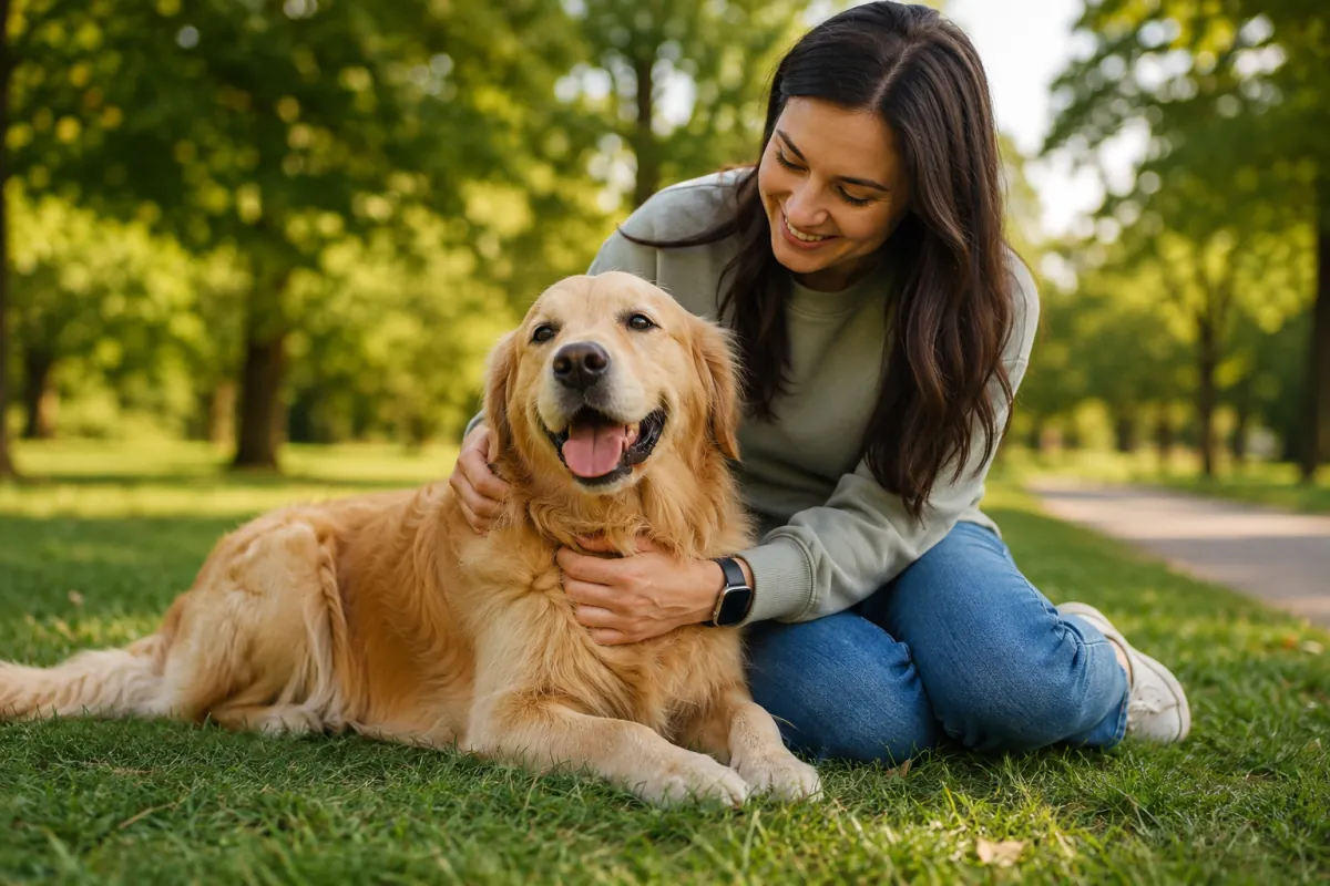 Smiling dog owner kneeling beside a relaxed golden retriever on the grass in a sunny park