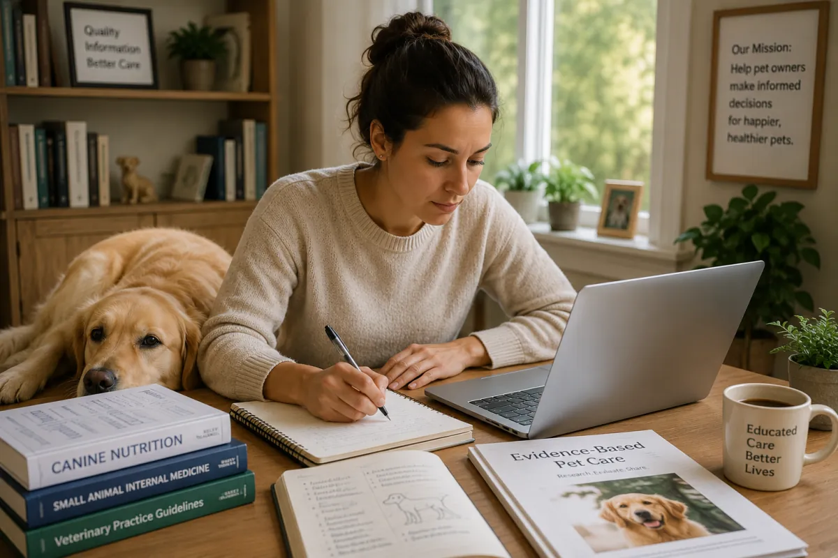 Writer taking notes at a desk with reference books and a laptop while a golden retriever rests beside her