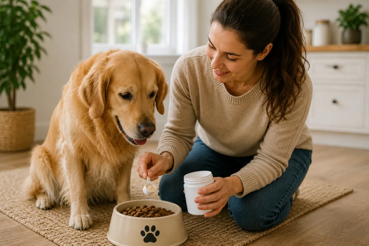 Dog owner adding a scoop of powdered supplement to a golden retriever's bowl of food at home