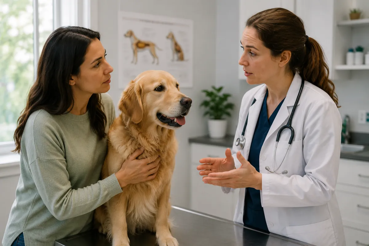 Veterinarian in a clinic talking with a dog owner while examining a golden retriever on the exam table