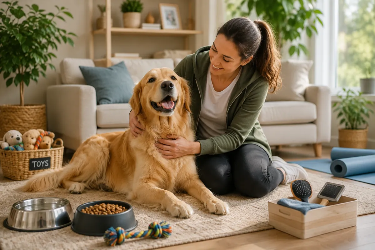Dog owner sitting with a golden retriever at home surrounded by food bowls, toys, and grooming tools