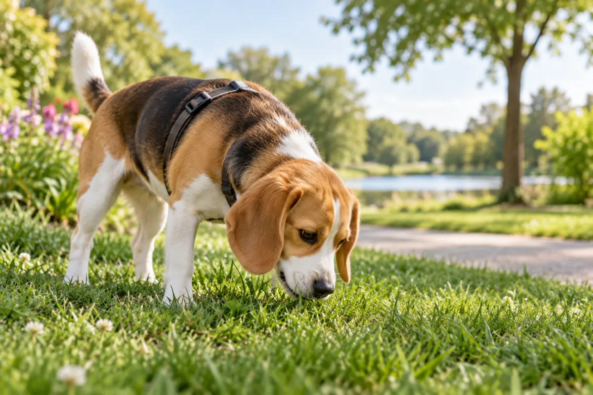 Dog casually eating grass in a clean outdoor area