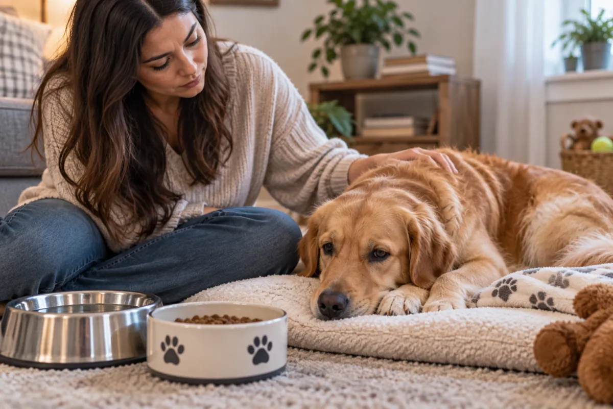 Dog resting beside its owner while being monitored for an upset stomach