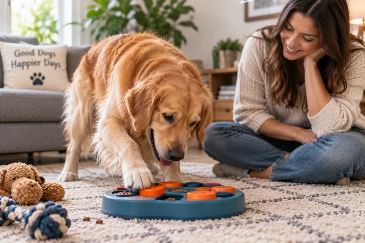 Dog using an interactive puzzle toy for mental enrichment