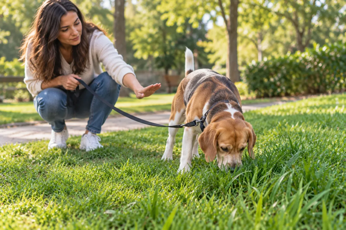 Owner calmly redirecting a dog that is eating grass excessively