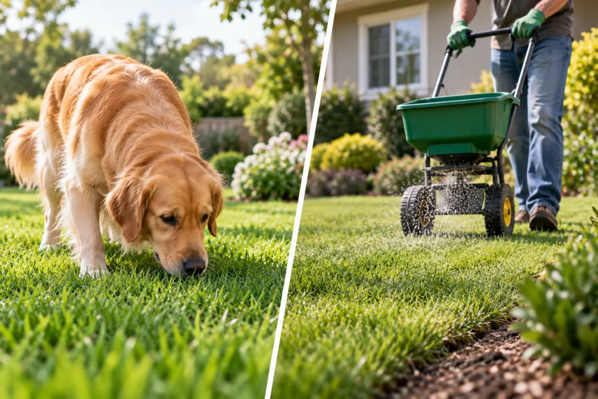Dog near untreated grass while owner checks the lawn for potential chemical exposure