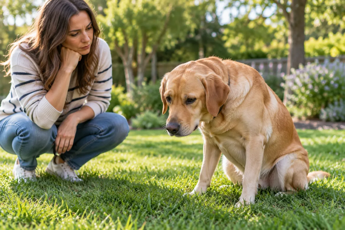 Dog resting after eating grass while owner watches for signs of stomach upset
