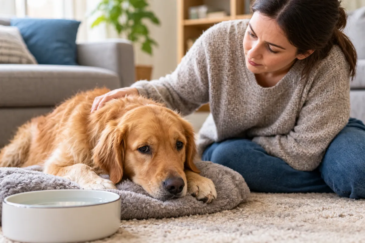 Owner monitoring a dog that is feeling unwell instead of encouraging grass eating