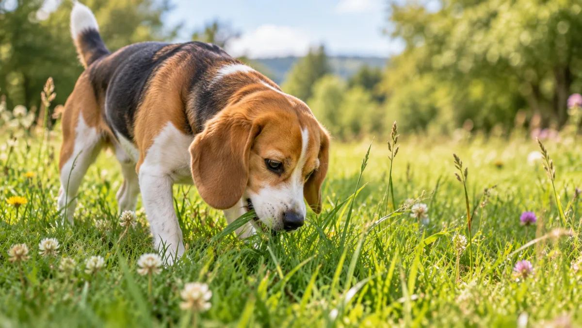 Dog naturally foraging and eating grass outdoors