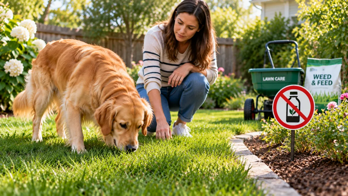 Dog sniffing grass in a safe untreated backyard lawn
