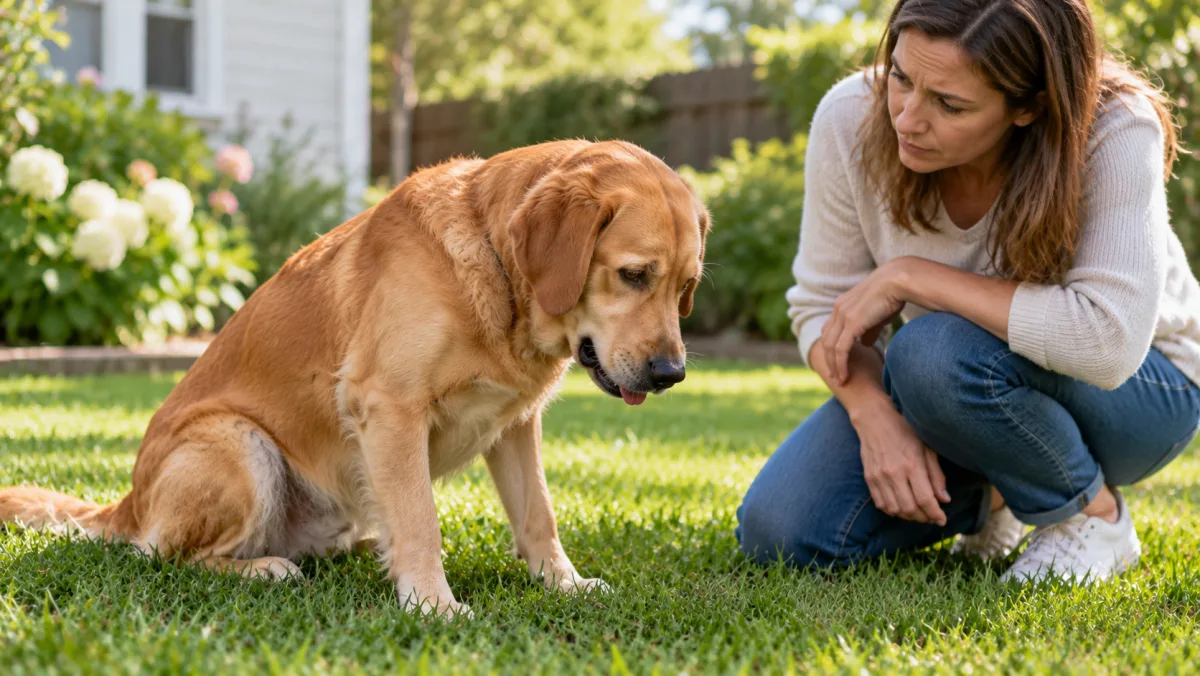 Dog resting after eating grass while owner watches for signs of stomach upset