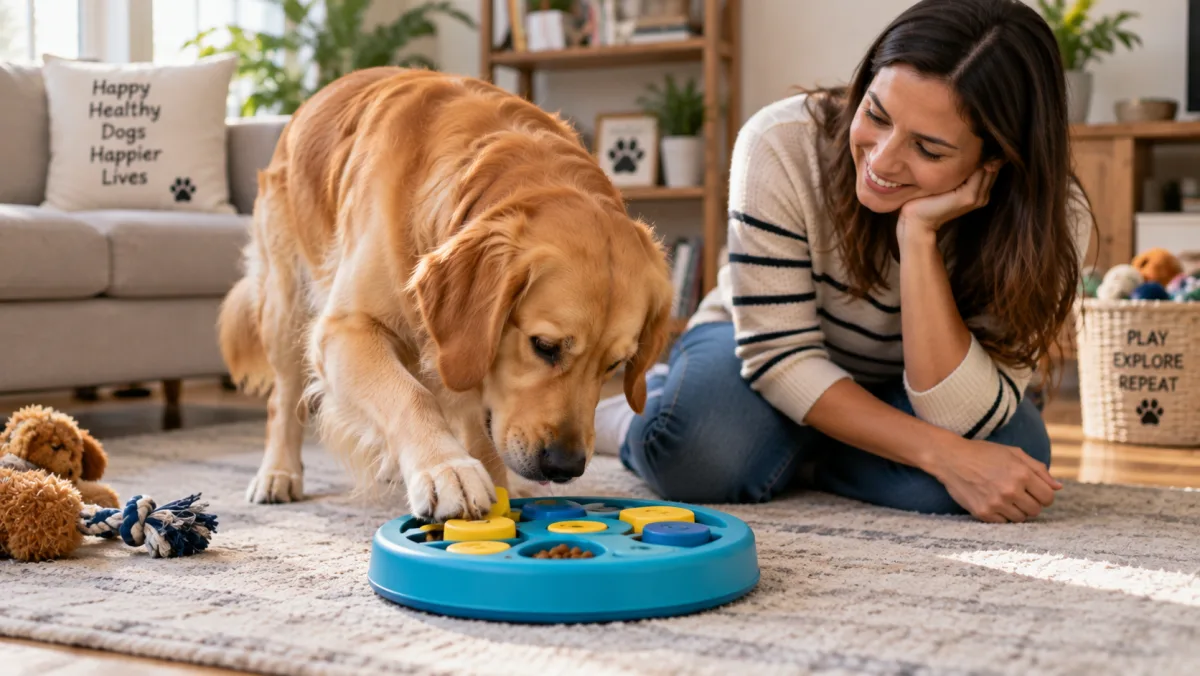 Dog using an interactive puzzle toy for mental enrichment