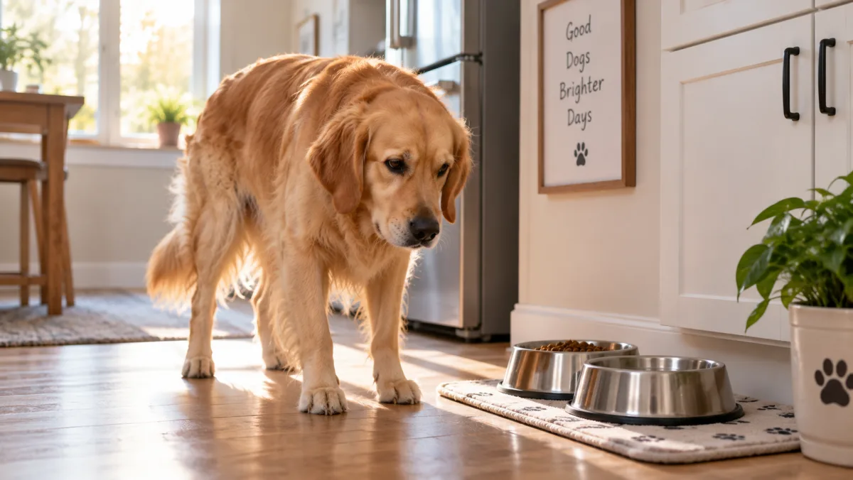 Dog beside its food bowl in the morning with signs of mild stomach discomfort
