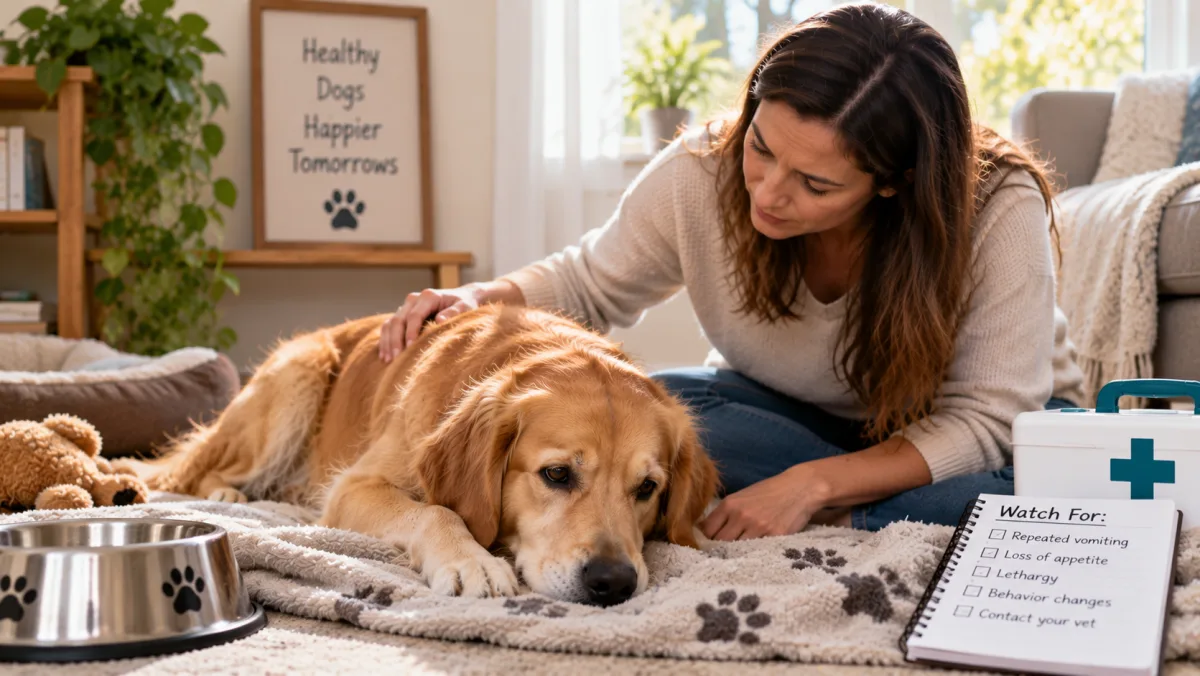 Owner checking a dog after vomiting for signs of illness
