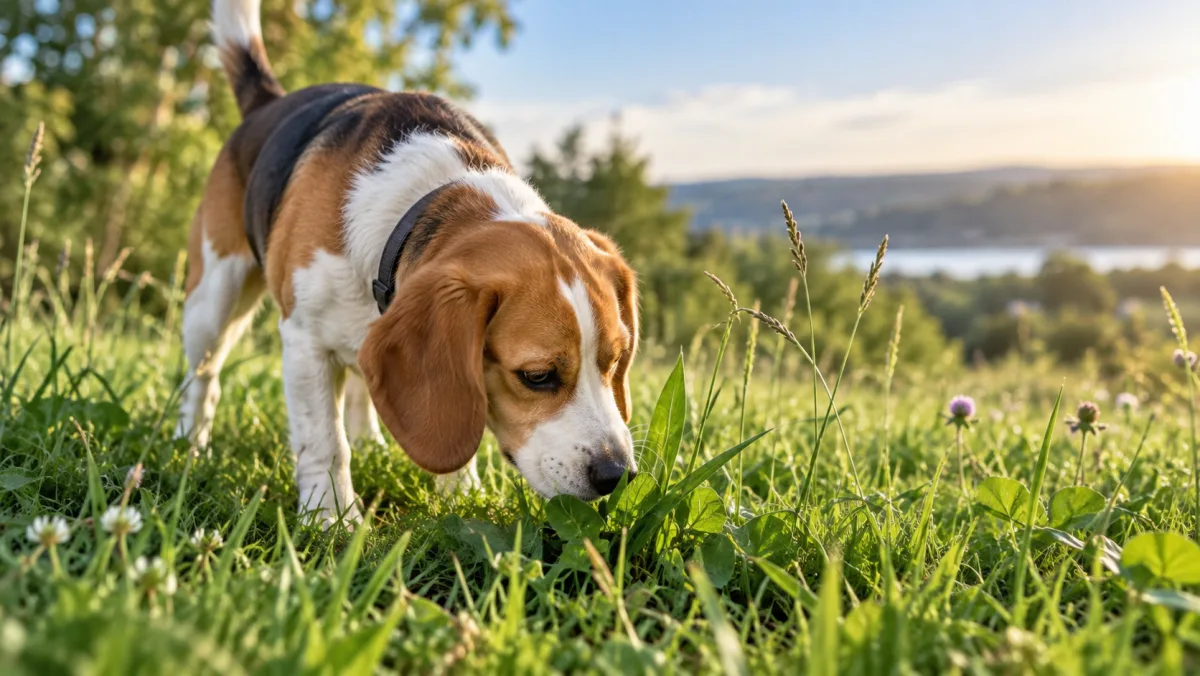 Beagle nosing through grass and clover in a meadow while out on a walk