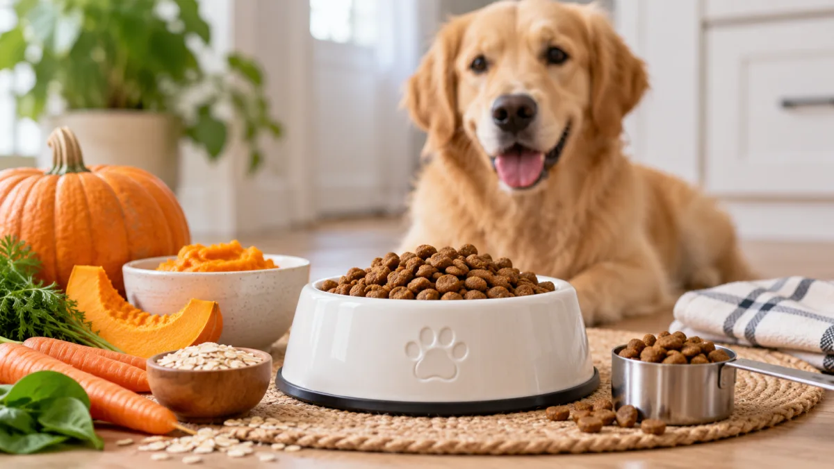 Bowl of dog kibble beside pumpkin, carrots, oats and greens as sources of dietary fiber, with a golden retriever waiting behind it