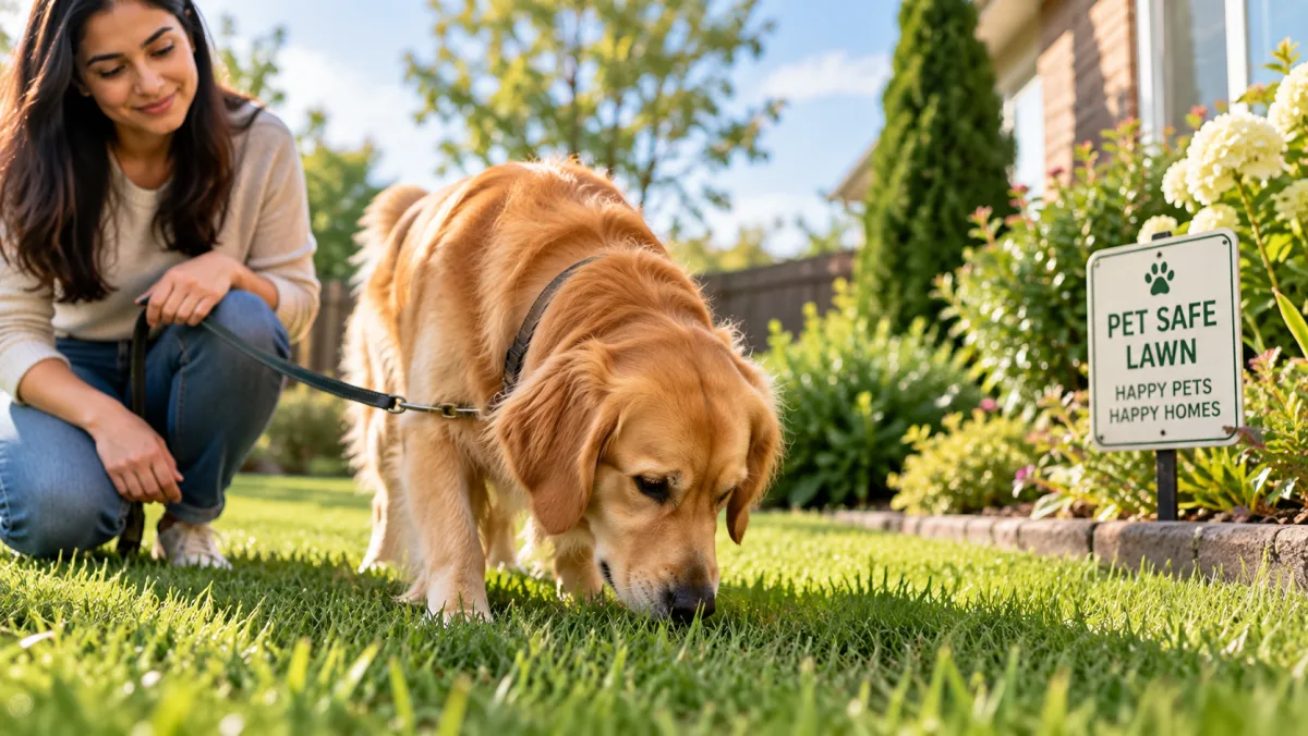 Owner on a leash watching her golden retriever sniff a lawn next to a pet-safe lawn sign