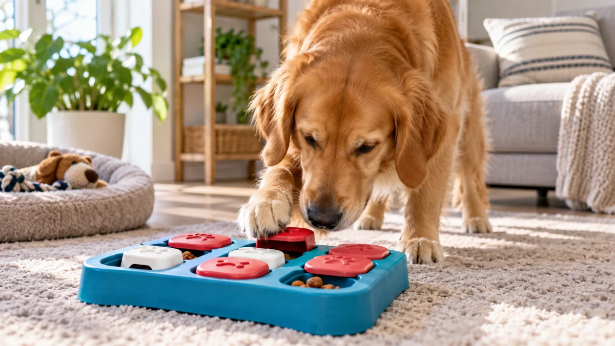 Golden retriever nosing kibble out of a blue and red treat puzzle board on a living-room rug