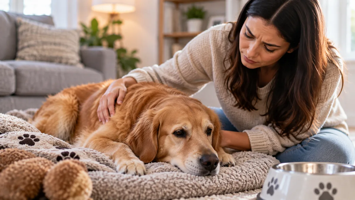 Concerned owner comforting a subdued golden retriever resting on a blanket beside its food bowl