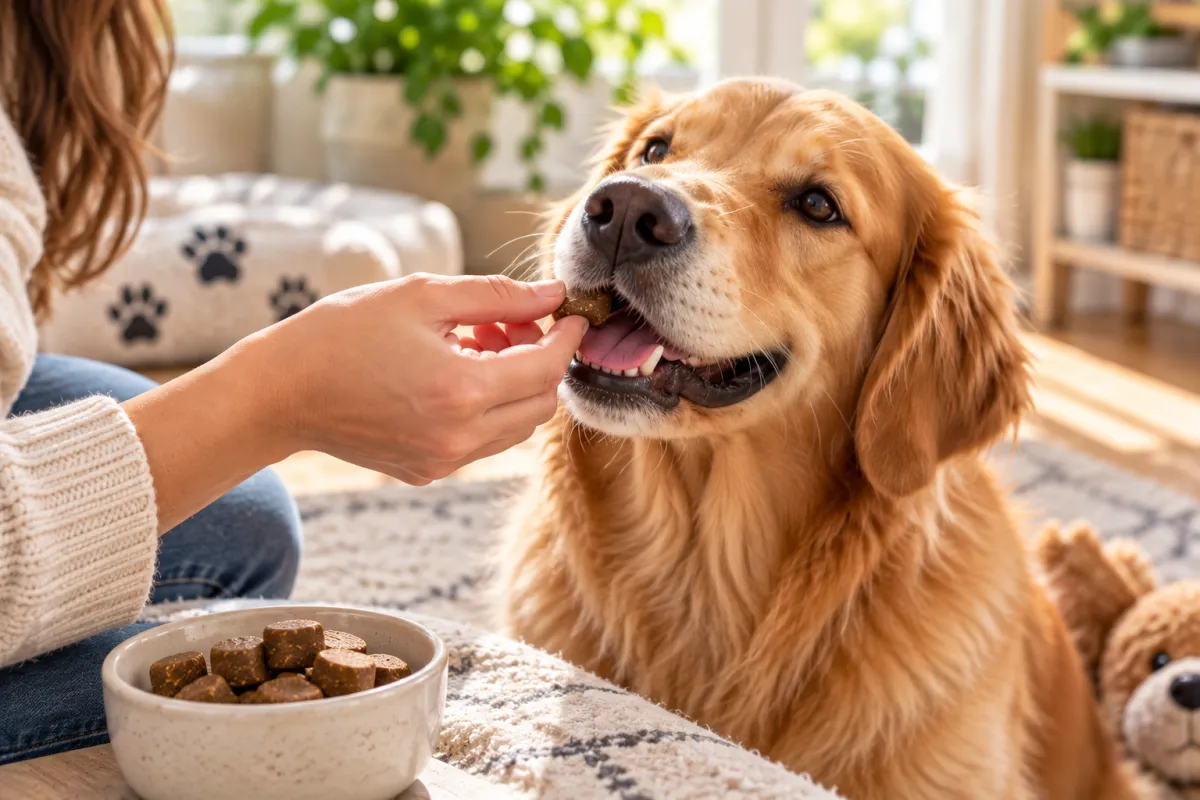Dog owner giving a probiotic soft chew to a dog as part of daily use