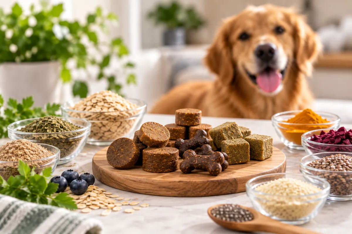 Named probiotic strains and guaranteed CFU count on a dog probiotic chew label, with prebiotic fibre