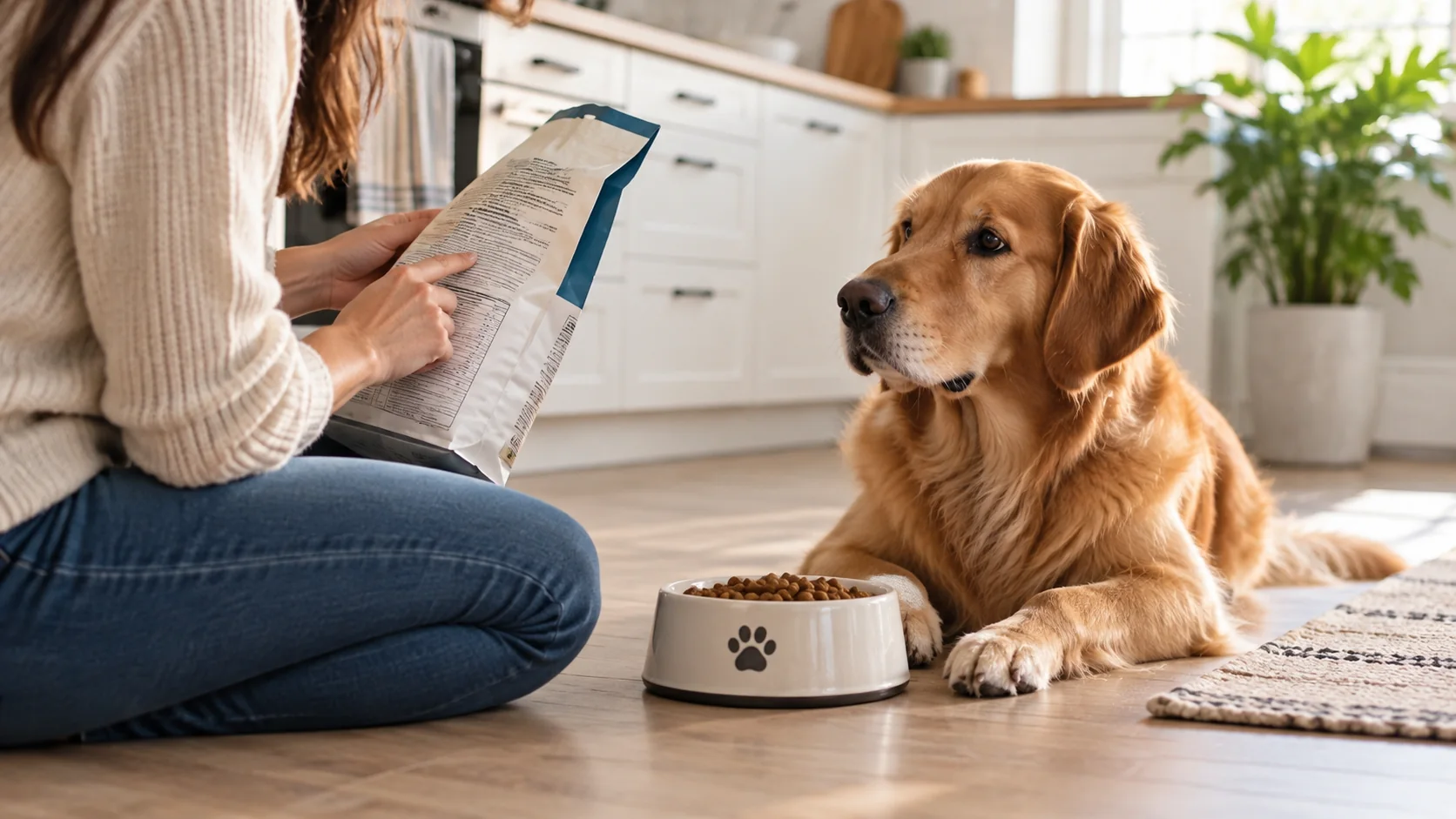 Dog beside food bowl while owner checks dog food ingredients
