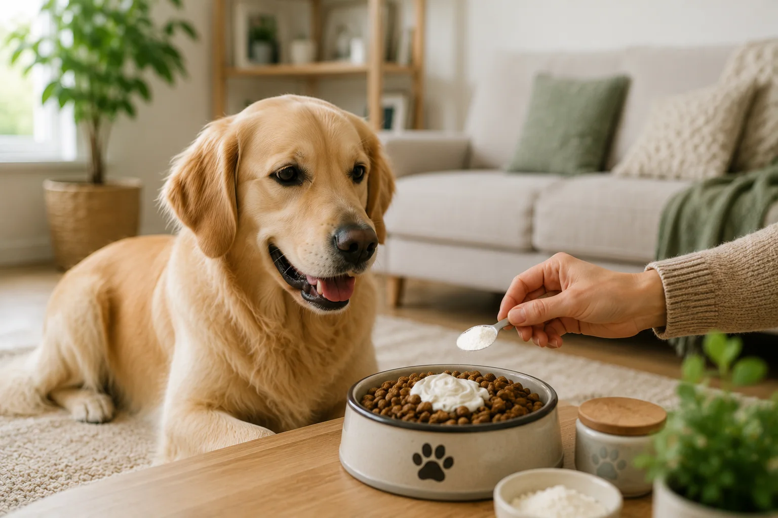 A spoonful of probiotic powder being stirred into a dog's bowl of food