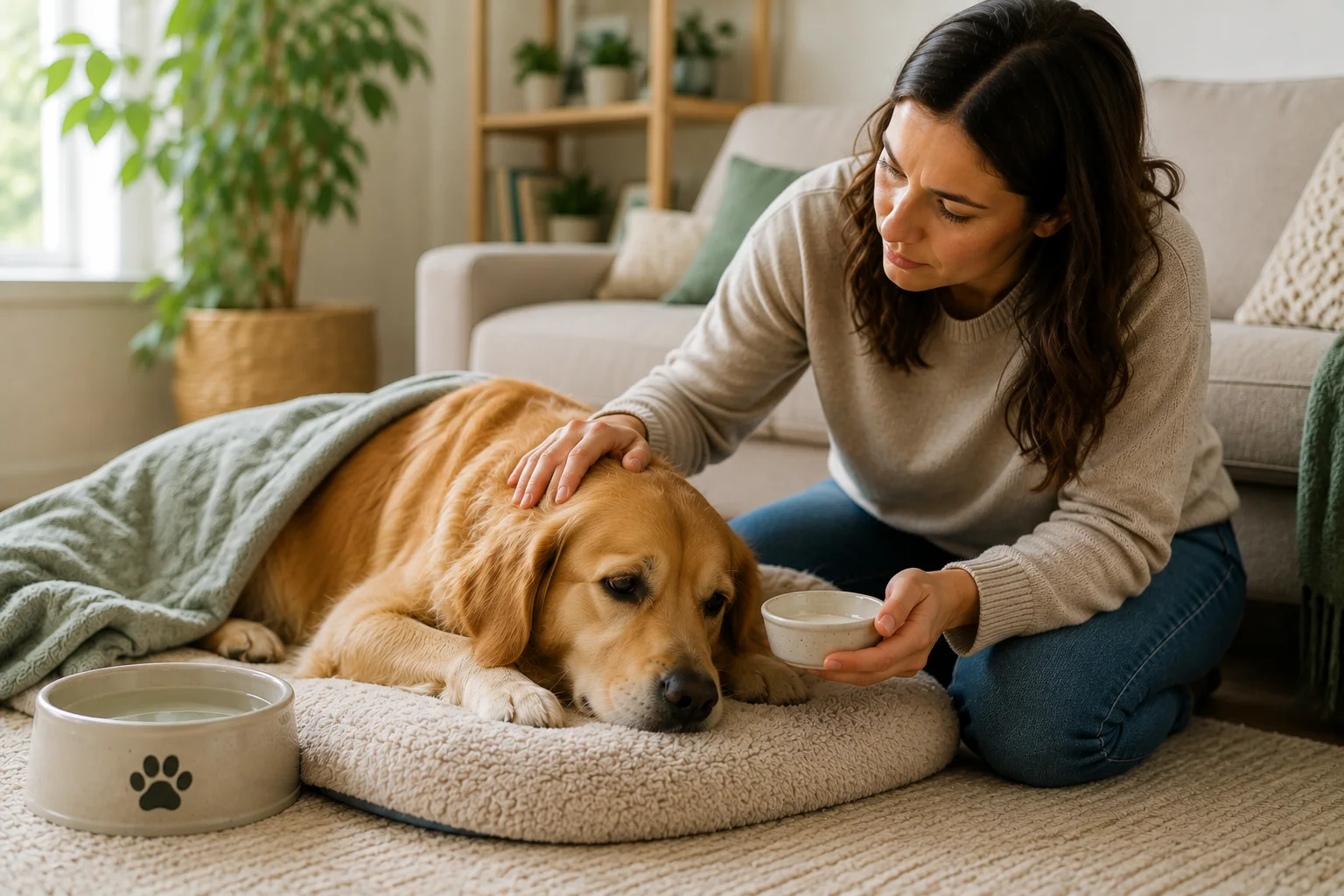 A dog owner caring for her unwell golden retriever, which is resting under a blanket beside a water bowl