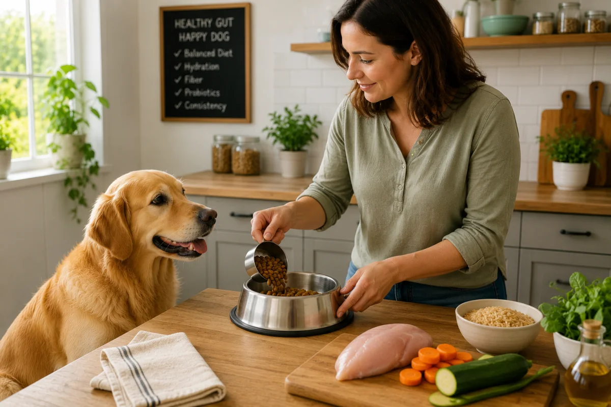 A dog owner measuring out food into a bowl for her attentive golden retriever, with fresh chicken and vegetables prepared on the counter