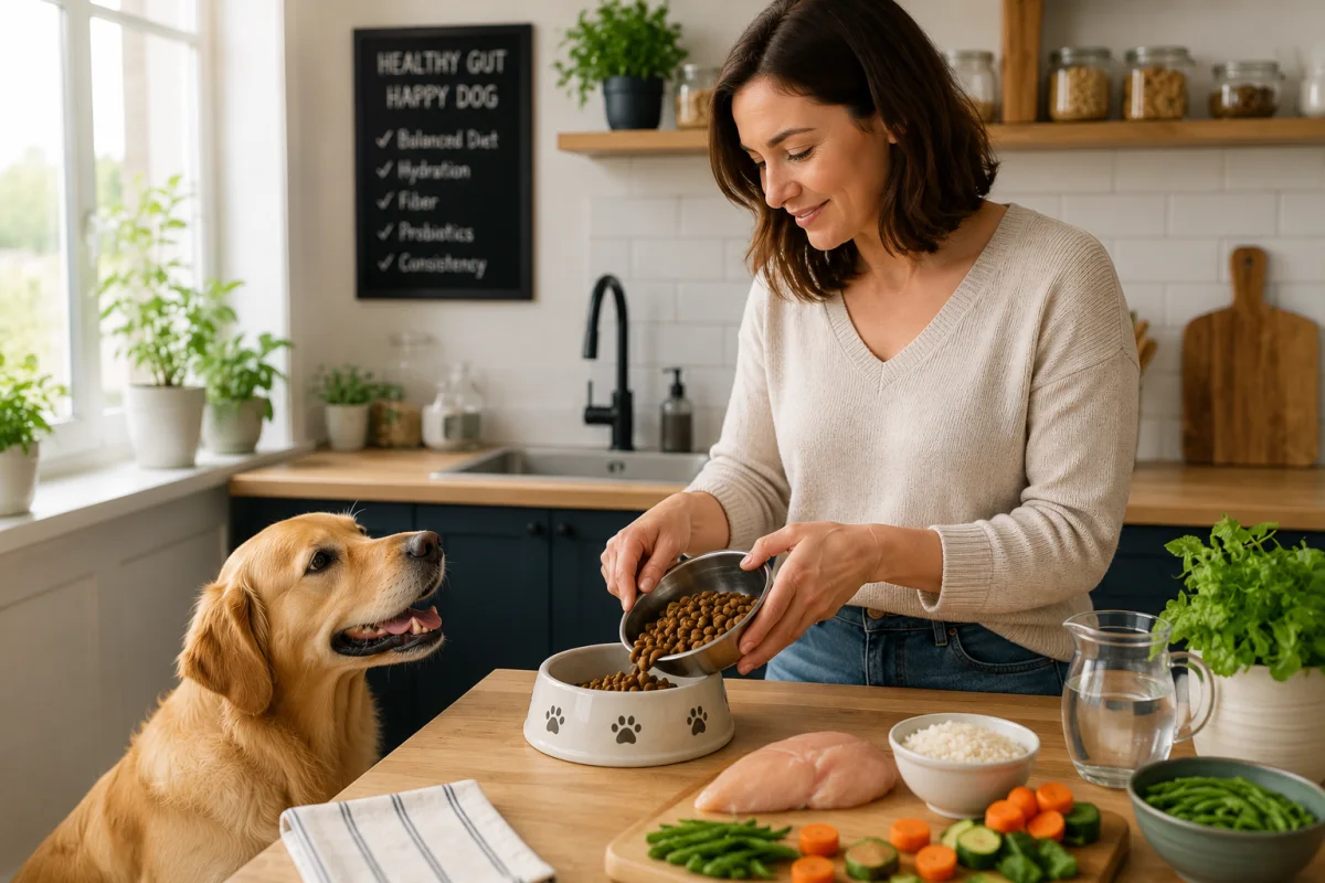 A dog owner preparing a simple meal for her attentive golden retriever in the kitchen, with fresh chicken, rice and vegetables on the counter