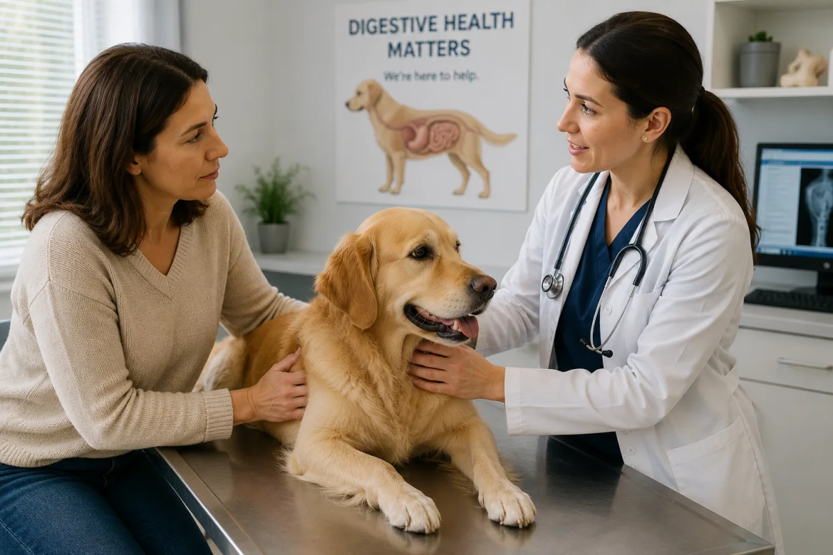A veterinarian examining a calm golden retriever on a clinic table while the dog's owner looks on