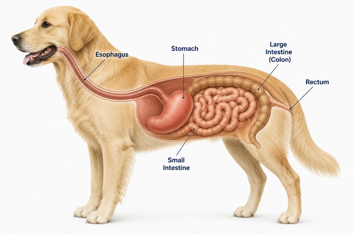 Illustration of a dog's digestive system labeling the esophagus, stomach, small intestine, large intestine (colon) and rectum