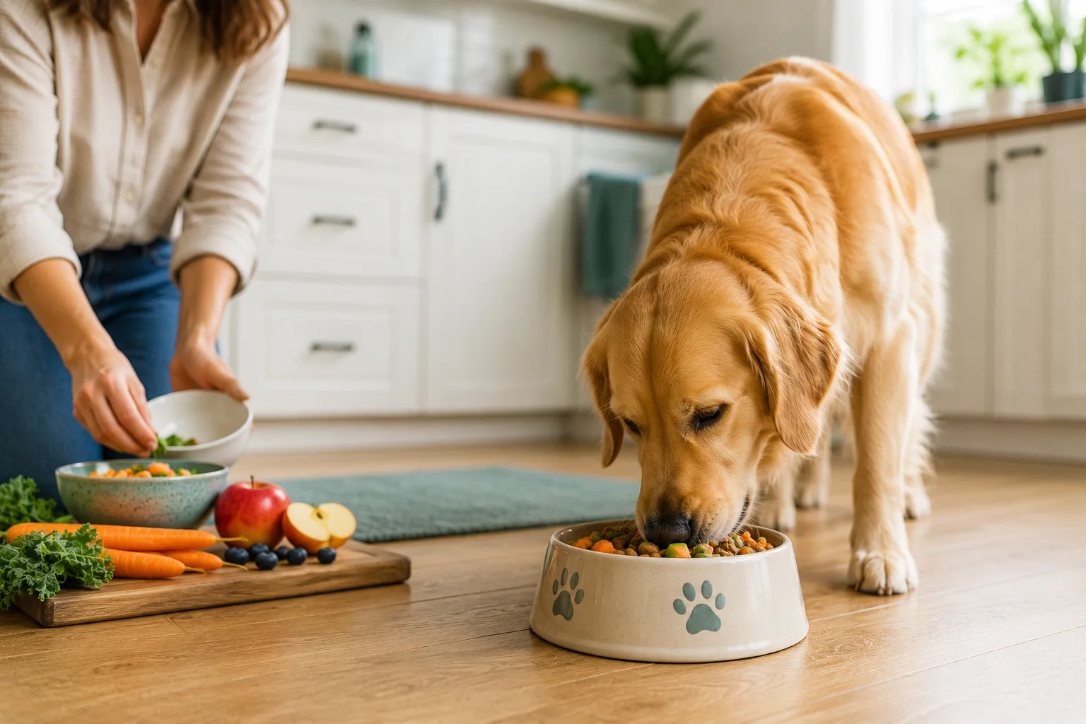 A dog eating a balanced meal while its owner prepares fresh vegetables in the kitchen