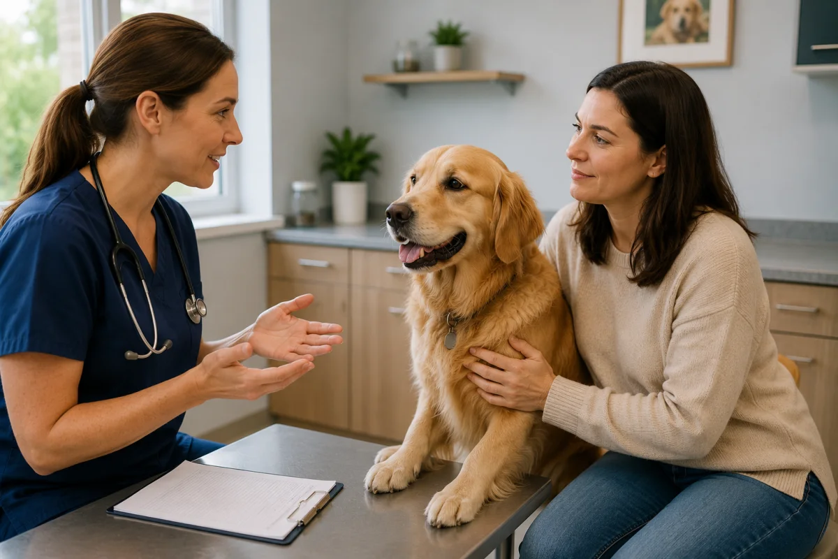 Veterinarian discussing a dog's digestive health with the owner during a clinic consultation