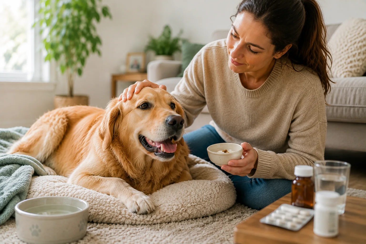 A recovering dog resting at home with medication and a water bowl nearby as its owner comforts it