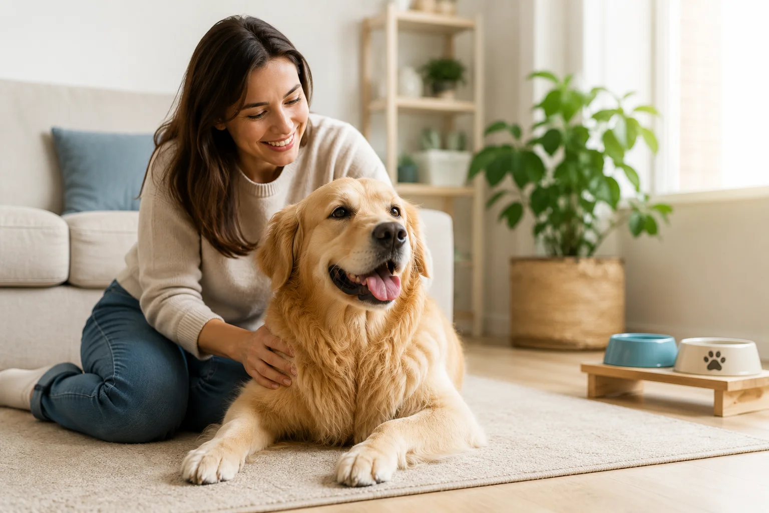 A smiling woman sitting on the living-room floor with her golden retriever