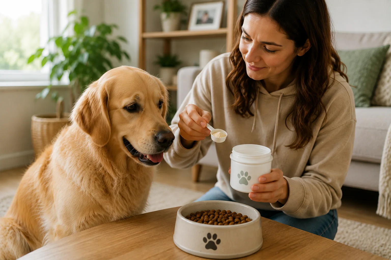 A dog owner measuring a scoop of probiotic powder supplement beside her dog's food bowl