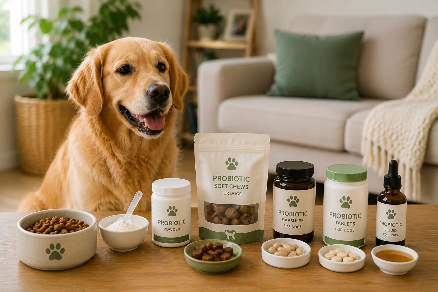 A range of dog probiotic formats — powder, soft chews, capsules, tablets and liquid — laid out on a table with a dog nearby
